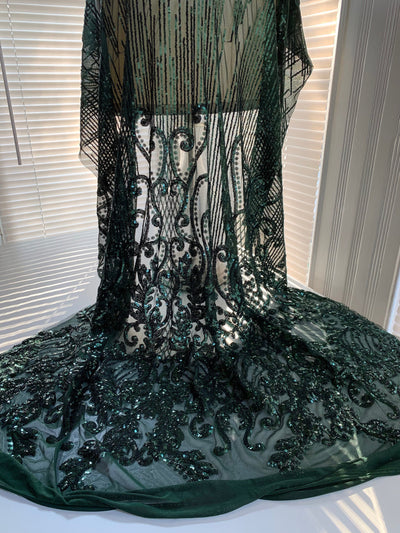 Angelica HUNTER GREEN Curlicues and Leaves Sequins on Mesh Lace Fabric by the Yard - 10132