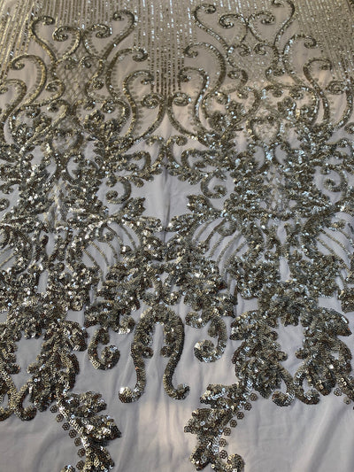 Angelica SILVER Curlicues and Leaves Sequins on Mesh Lace Fabric by the Yard - 10132
