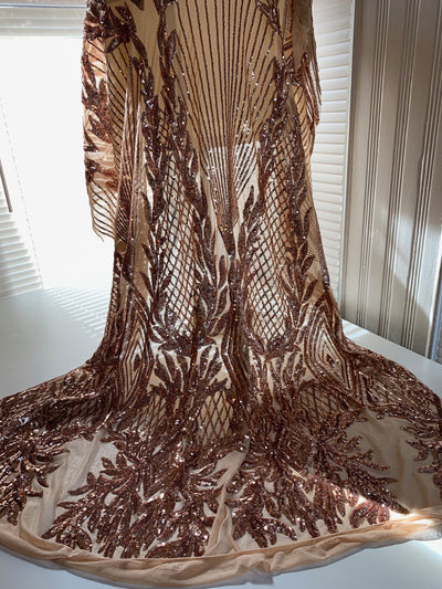 Francesca BRONZE Vines and Diamonds Pattern Sequins on Mesh Lace Fabric by the Yard - 10130