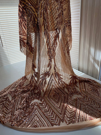 Francesca BRONZE Vines and Diamonds Pattern Sequins on Mesh Lace Fabric by the Yard - 10130