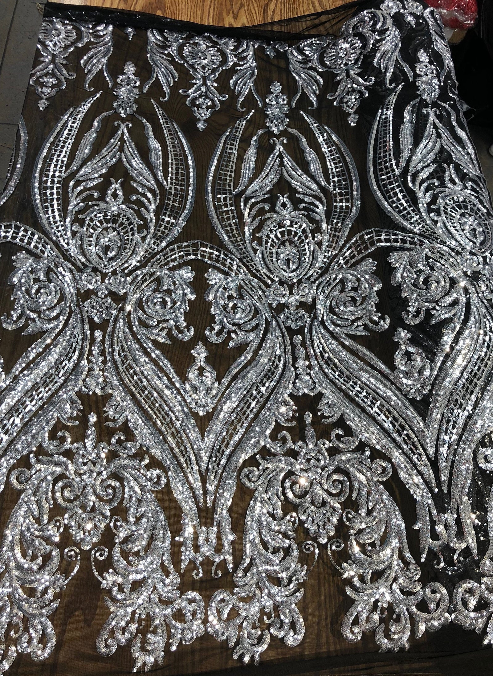 Alaina SILVER Curlicue Sequins on BLACK Mesh Lace Fabric by the Yard - 10018