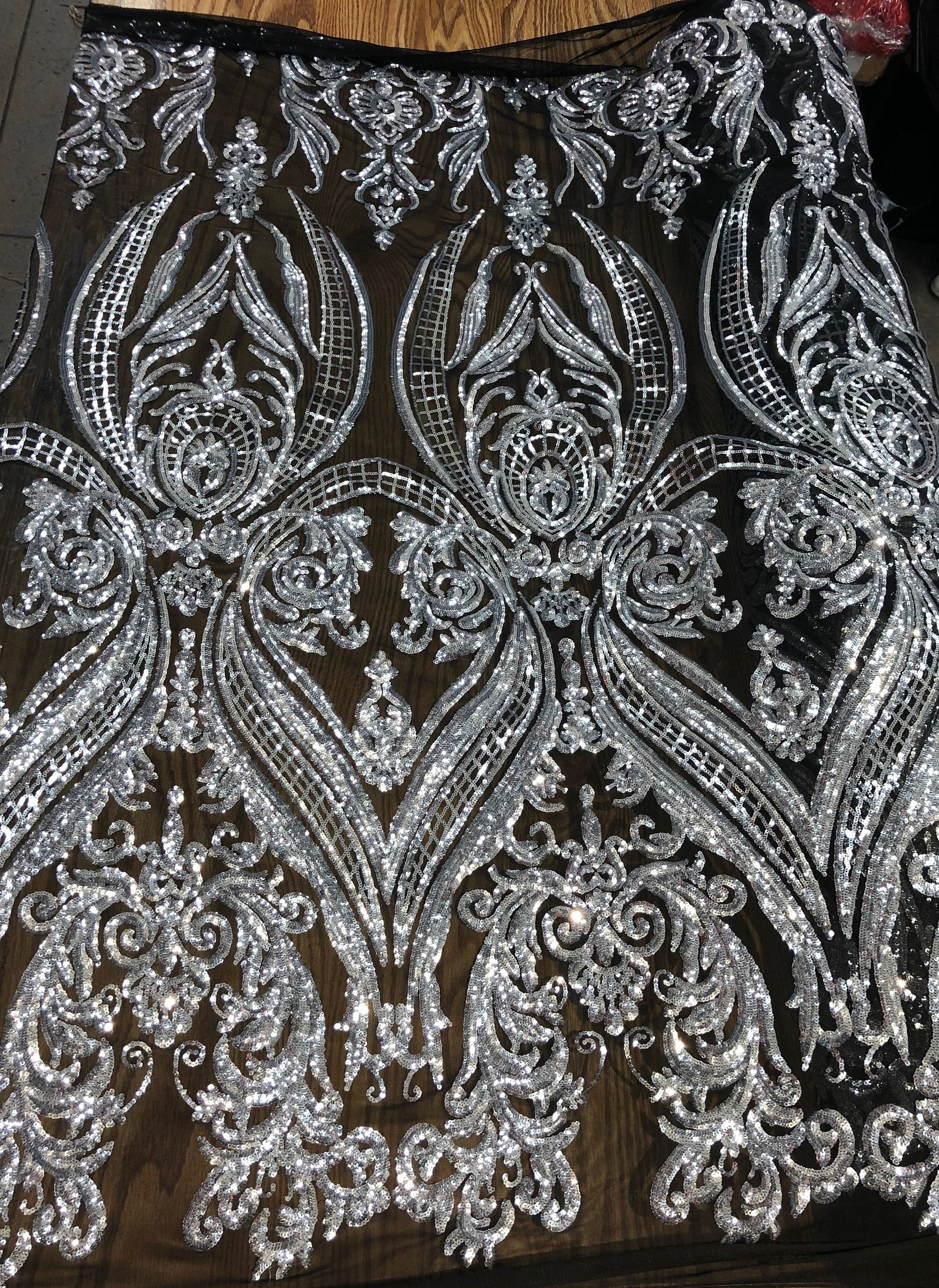 Alaina SILVER Curlicue Sequins on BLACK Mesh Lace Fabric by the Yard - 10018