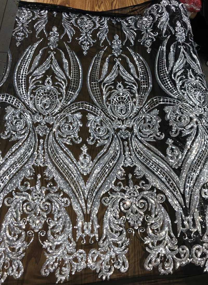 Alaina SILVER Curlicue Sequins on BLACK Mesh Lace Fabric by the Yard - 10018