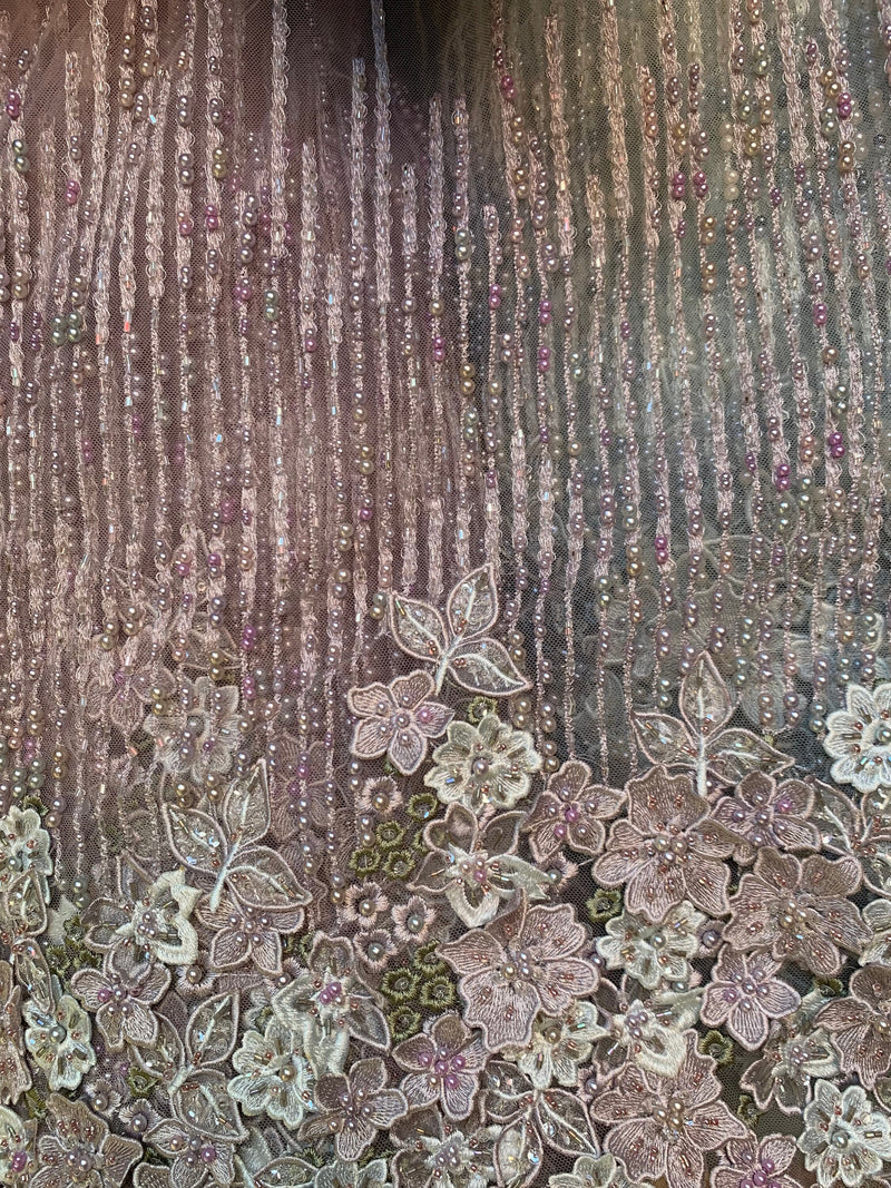 Carolina MAUVE Polyester 3D Beaded Floral Embroidery on Mesh Lace Fabric by the Yard - 10127