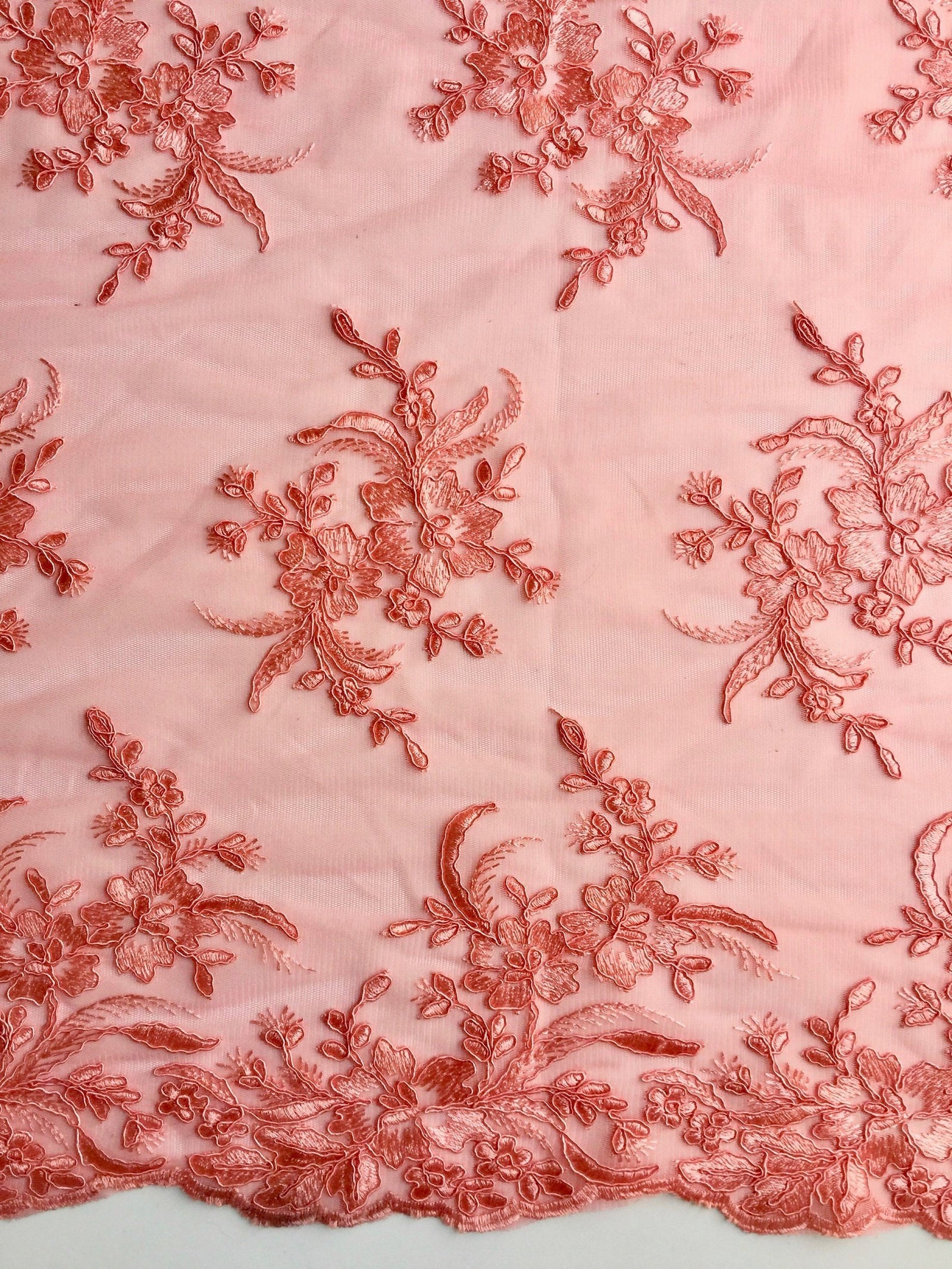 Callie CORAL Polyester Floral Corsage Embroidery on Mesh Lace Fabric by the Yard - 10025