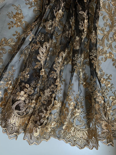 Melody GOLD Polyester Floral Embroidery with Sequins on BLACK Mesh Lace Fabric by the Yard for Gown, Wedding, Bridesmaid, Prom - 10002