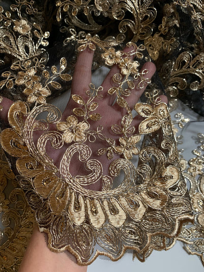 Melody GOLD Polyester Floral Embroidery with Sequins on BLACK Mesh Lace Fabric by the Yard for Gown, Wedding, Bridesmaid, Prom - 10002