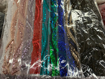 Lorelei IRIDESCENT GREEN BLUE Mermaid Swirls Sequins on Mesh Lace Fabric by the Yard - 10133