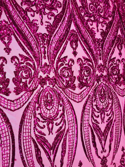 Alaina DARK PINK Curlicue Sequins on Dark Pink Mesh Lace Fabric by the Yard - 10018