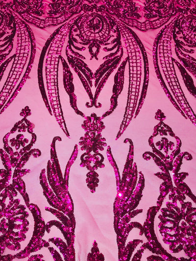Alaina DARK PINK Curlicue Sequins on Dark Pink Mesh Lace Fabric by the Yard - 10018