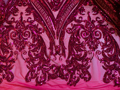 Alaina DARK PINK Curlicue Sequins on Dark Pink Mesh Lace Fabric by the Yard - 10018