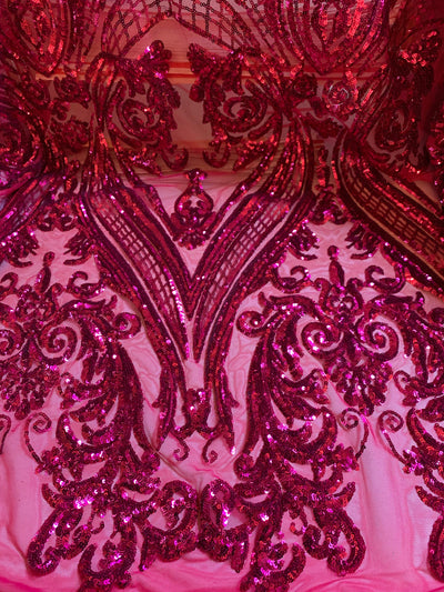 Alaina DARK PINK Curlicue Sequins on Dark Pink Mesh Lace Fabric by the Yard - 10018