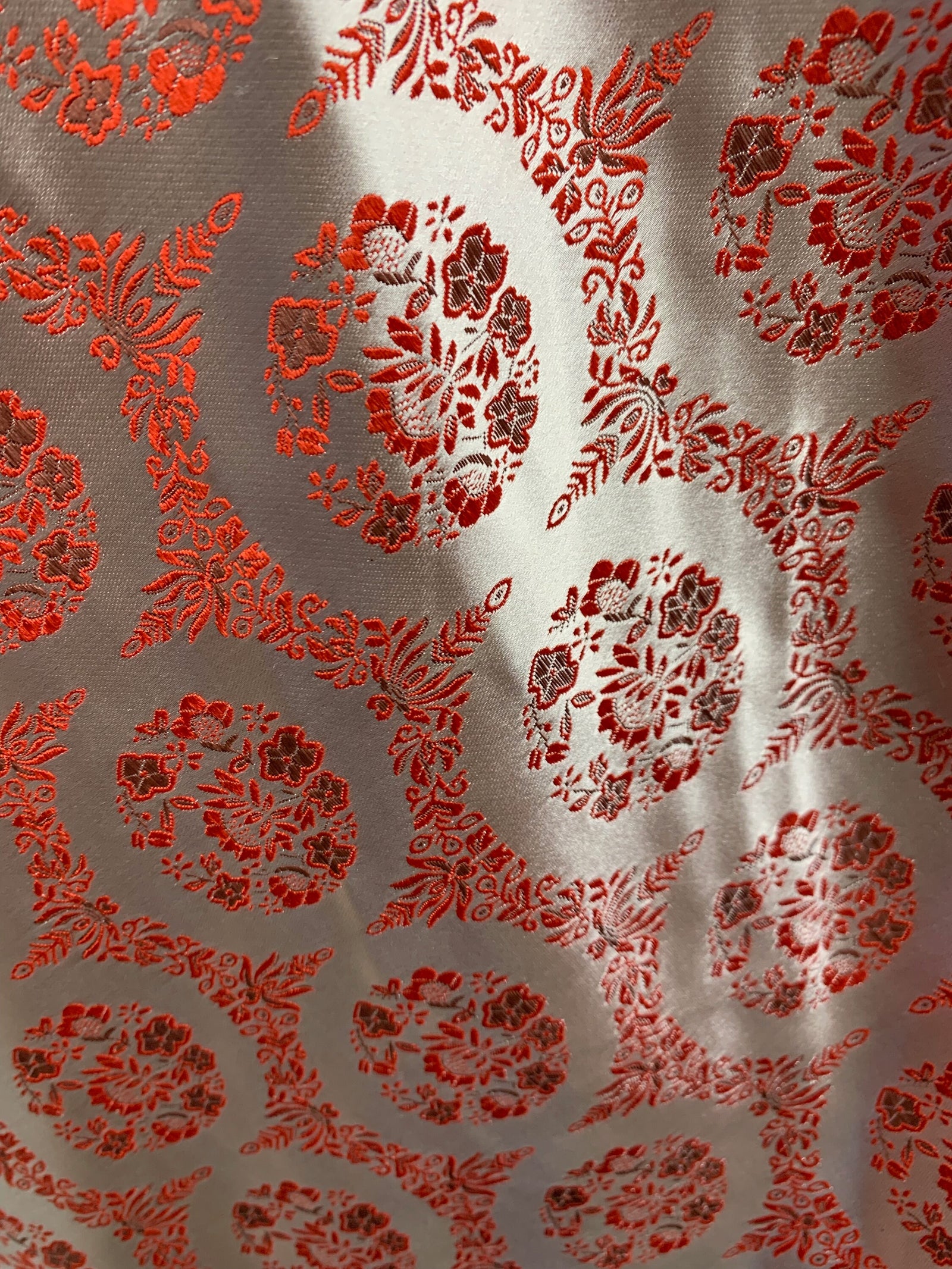 Nadia SILVER RED Floral Brocade Chinese Satin Fabric by the Yard - 10094