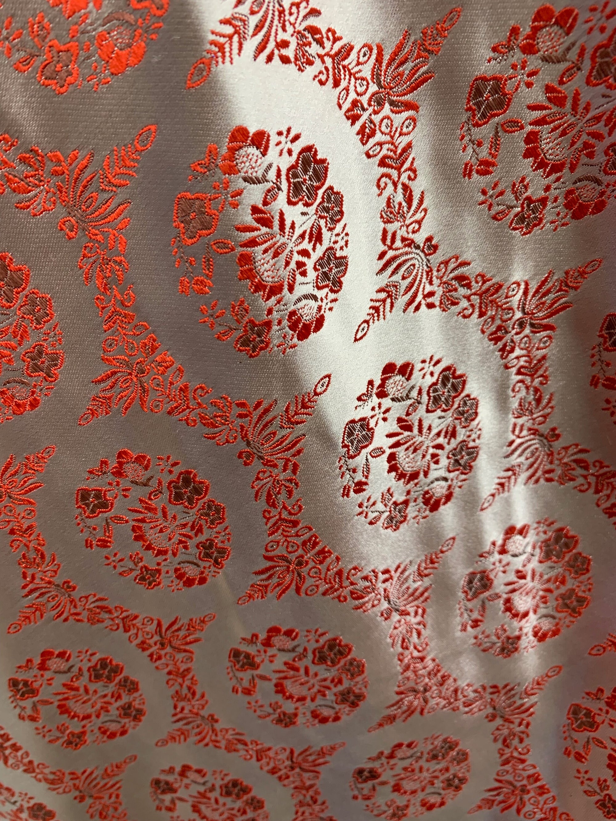 Nadia SILVER RED Floral Brocade Chinese Satin Fabric by the Yard - 10094