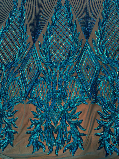 Francesca DARK TURQUOISE Vines and Diamonds Pattern Sequins on Mesh Lace Fabric by the Yard - 10130