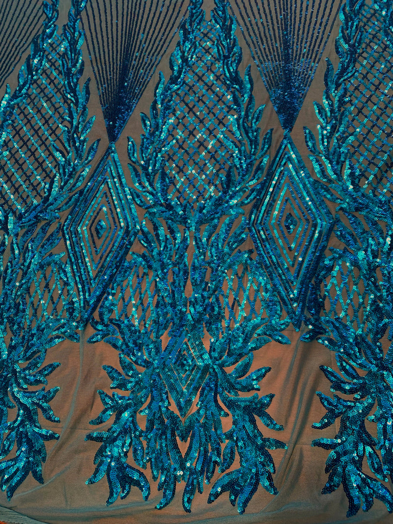 Francesca DARK TURQUOISE Vines and Diamonds Pattern Sequins on Mesh Lace Fabric by the Yard - 10130