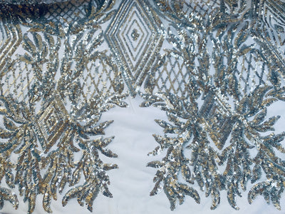 Francesca SILVER Vines and Diamonds Pattern Sequins on WHITE Mesh Lace Fabric by the Yard - 10130