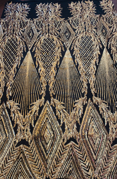 Francesca GOLD Vines and Diamonds Pattern Sequins on BLACK Mesh Lace Fabric by the Yard - 10130