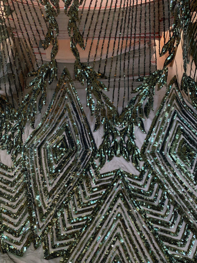 Francesca HUNTER GREEN Vines and Diamonds Pattern Sequins on Mesh Lace Fabric by the Yard - 10130