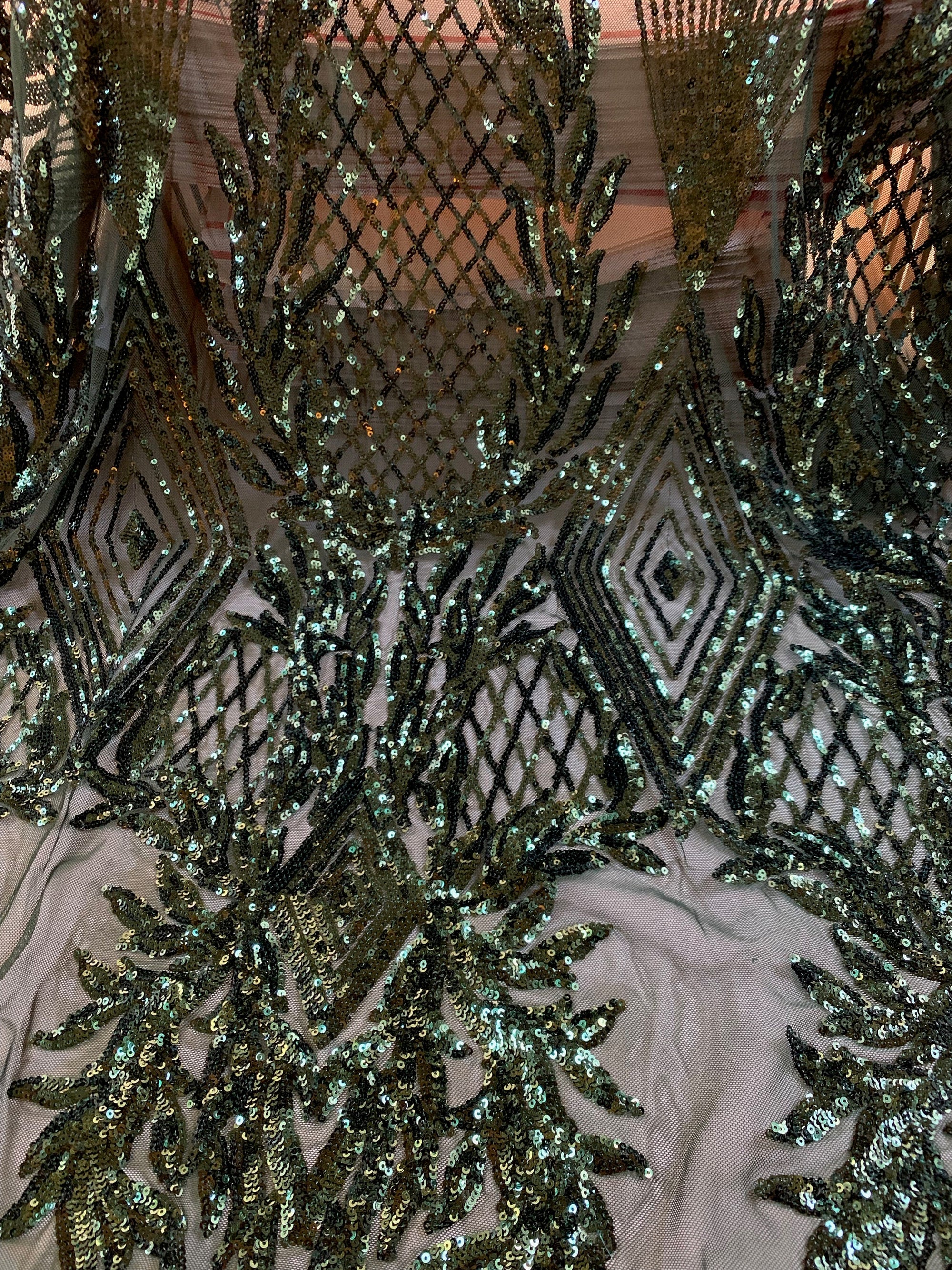Francesca HUNTER GREEN Vines and Diamonds Pattern Sequins on Mesh Lace Fabric by the Yard - 10130