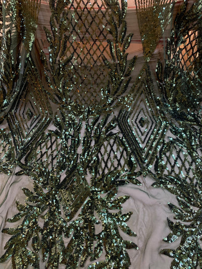 Francesca HUNTER GREEN Vines and Diamonds Pattern Sequins on Mesh Lace Fabric by the Yard - 10130
