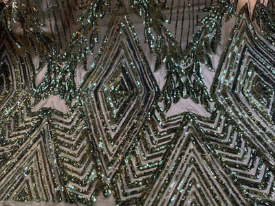 Francesca HUNTER GREEN Vines and Diamonds Pattern Sequins on Mesh Lace Fabric by the Yard - 10130