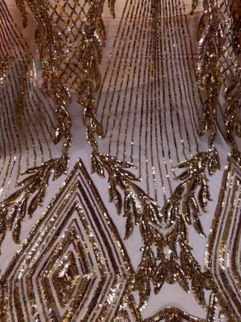 Francesca BRONZE Vines and Diamonds Pattern Sequins on DUSTY ROSE Mesh Lace Fabric by the Yard - 10130