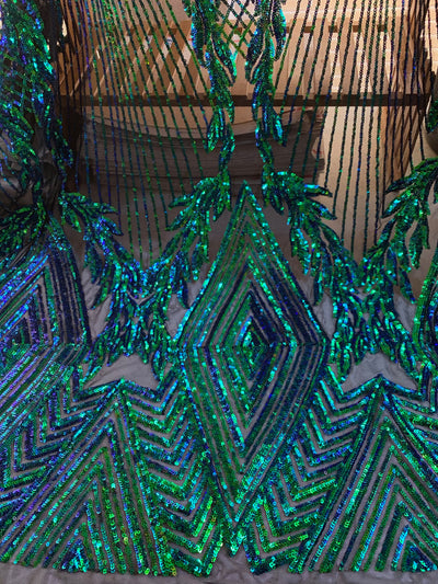 Francesca IRIDESCENT GREEN BLUE Mermaid Vines and Diamonds Pattern Sequins on Mesh Lace Fabric by the Yard - 10130