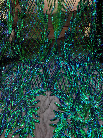 Francesca IRIDESCENT GREEN BLUE Mermaid Vines and Diamonds Pattern Sequins on Mesh Lace Fabric by the Yard - 10130