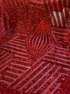 Thea RED Geometric Sequins Diamond & Stripes on Mesh Lace Fabric by the Yard - 10026