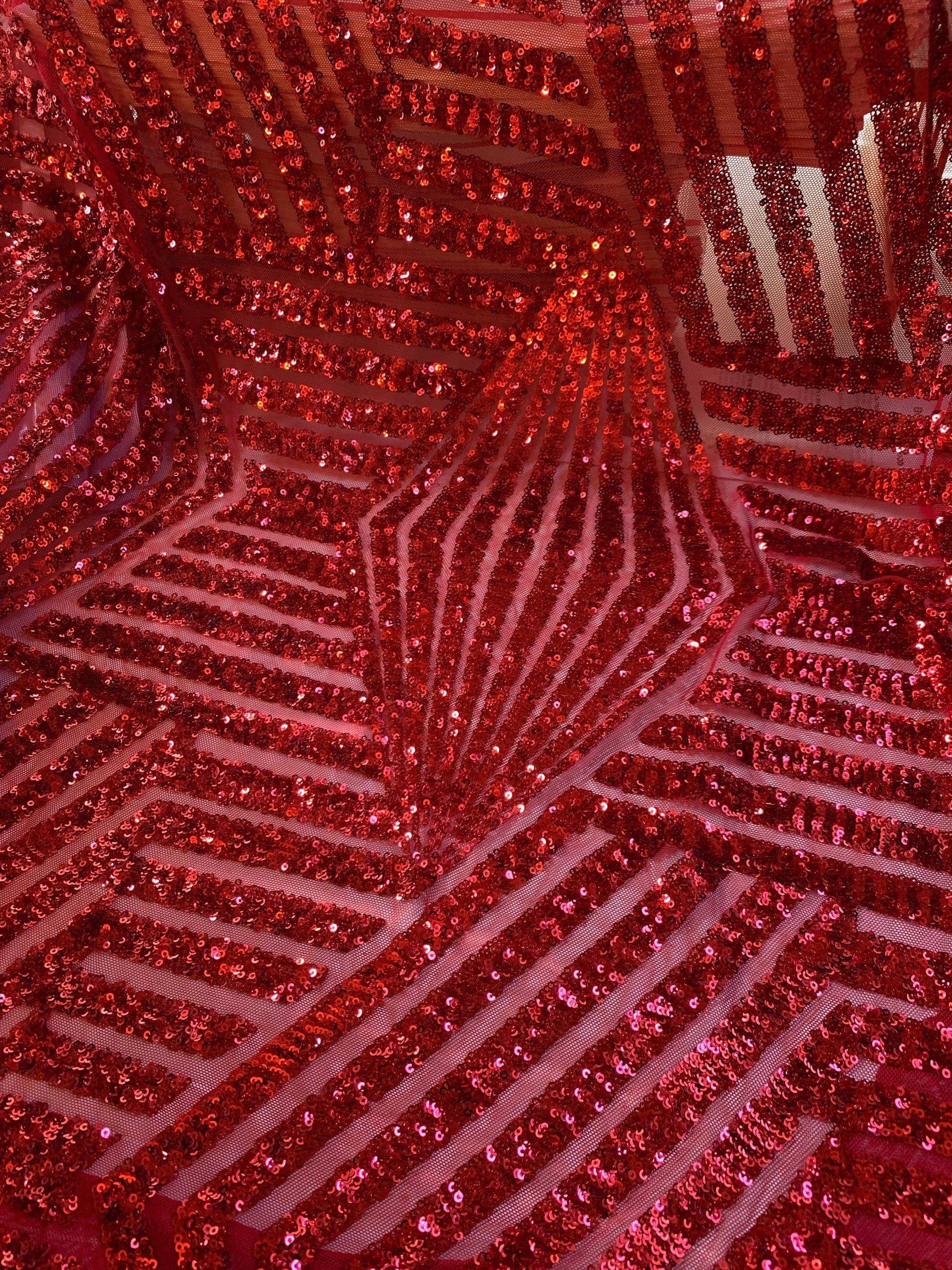 Thea RED Geometric Sequins Diamond & Stripes on Mesh Lace Fabric by the Yard - 10026