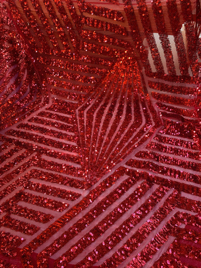 Thea RED Geometric Sequins Diamond & Stripes on Mesh Lace Fabric by the Yard - 10026