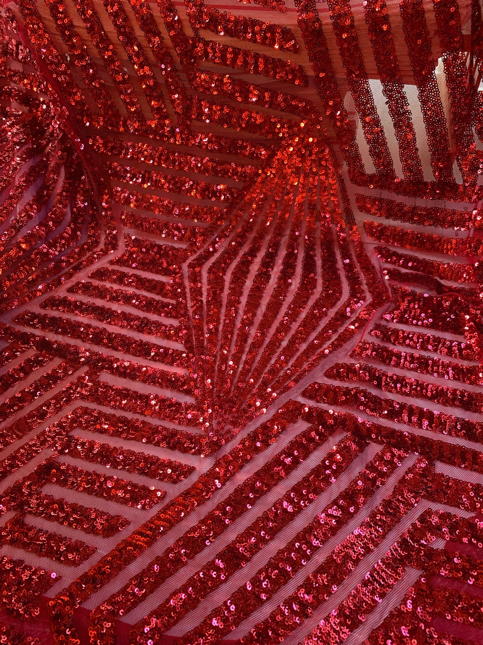 Thea RED Geometric Sequins Diamond & Stripes on Mesh Lace Fabric by the Yard - 10026