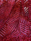 Thea RED Geometric Sequins Diamond & Stripes on Mesh Lace Fabric by the Yard - 10026