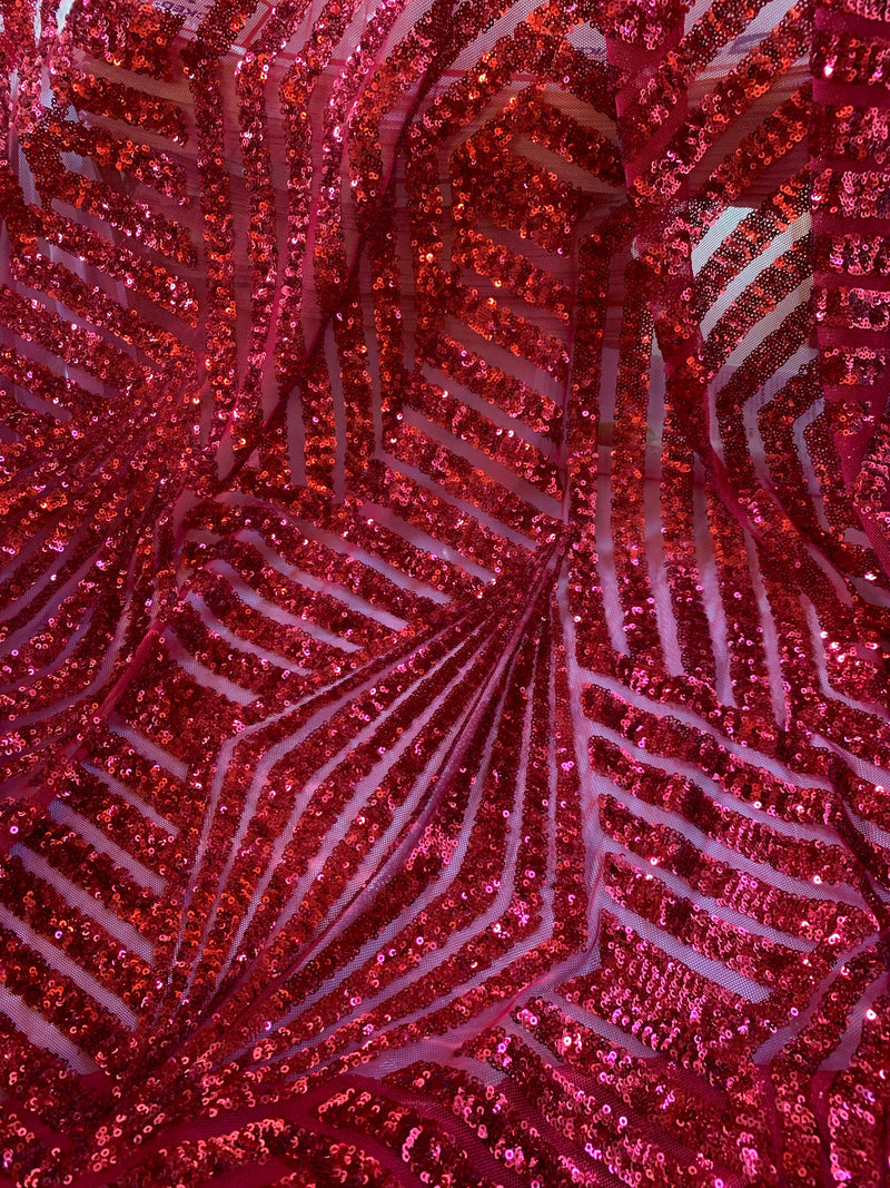Thea RED Geometric Sequins Diamond & Stripes on Mesh Lace Fabric by the Yard - 10026