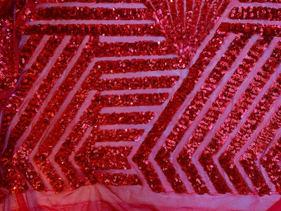 Thea RED Geometric Sequins Diamond & Stripes on Mesh Lace Fabric by the Yard - 10026