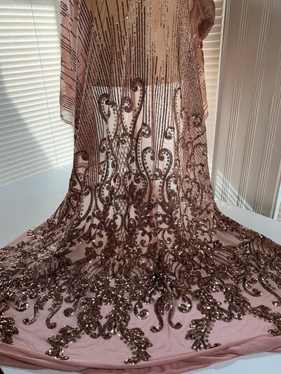 Angelica BRONZE Curlicues and Leaves Sequins on DUSTY ROSE Mesh Lace Fabric by the Yard - 10132