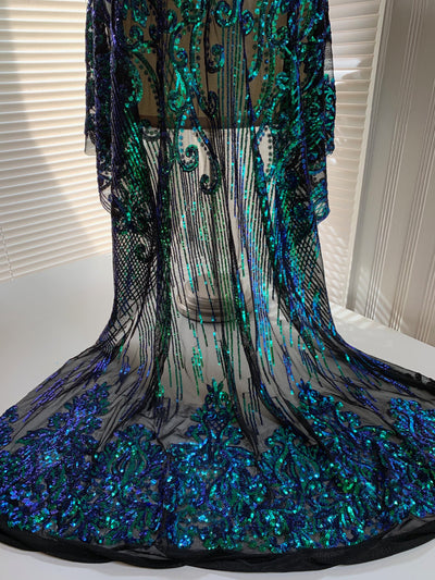 Angelica IRIDESCENT GREEN BLUE Mermaid Curlicues and Leaves Sequins on Mesh Lace Fabric by the Yard - 10132