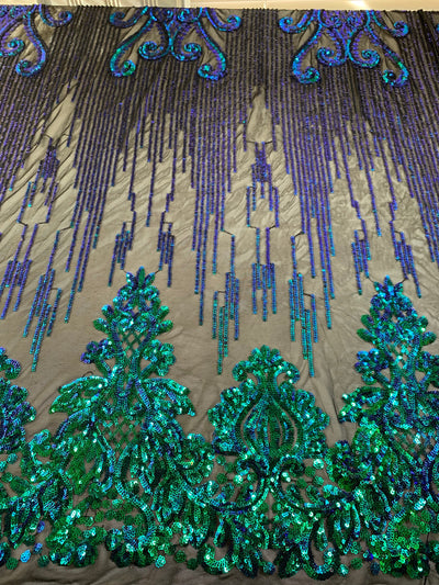 Angelica IRIDESCENT GREEN BLUE Mermaid Curlicues and Leaves Sequins on Mesh Lace Fabric by the Yard - 10132