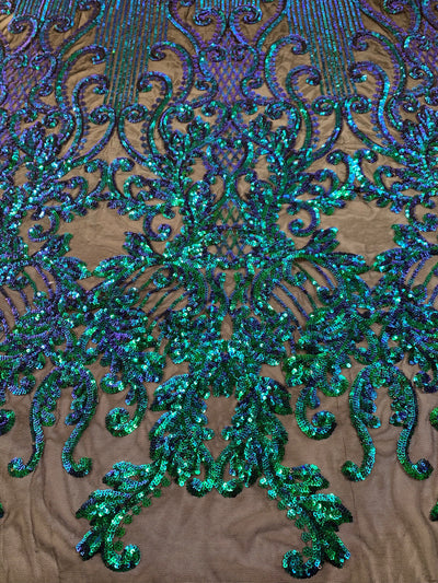 Angelica IRIDESCENT GREEN BLUE Mermaid Curlicues and Leaves Sequins on Mesh Lace Fabric by the Yard - 10132