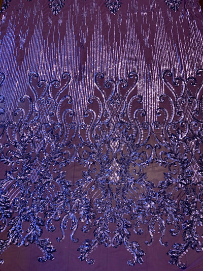 Angelica VIOLET Curlicues and Leaves Sequins on Mesh Lace Fabric by the Yard - 10132