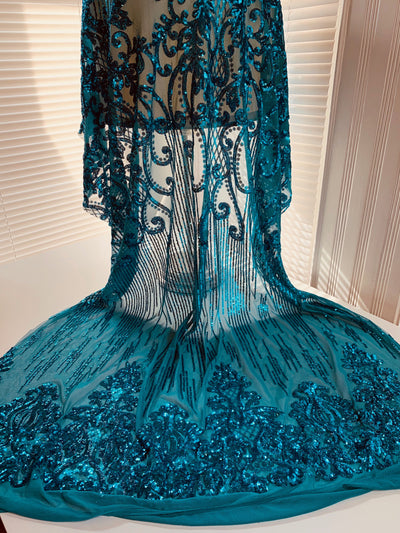 Angelica DARK TURQUOISE Curlicues and Leaves Sequins on Mesh Lace Fabric by the Yard - 10132