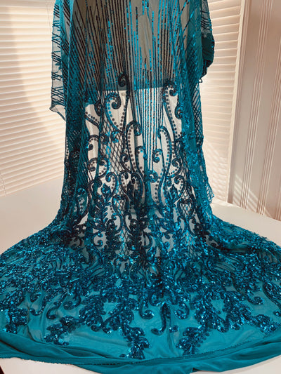 Angelica DARK TURQUOISE Curlicues and Leaves Sequins on Mesh Lace Fabric by the Yard - 10132