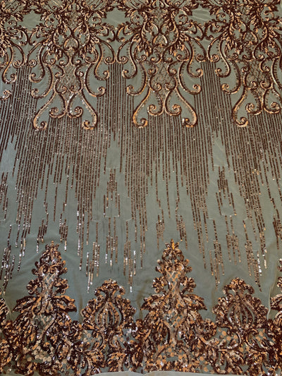 Angelica COPPER Curlicues and Leaves Sequins on Mesh Lace Fabric by the Yard - 10132