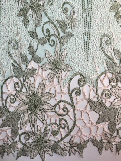 Skye SAGE Embroidered Floral Edge Guipure on Mesh Lace Fabric by the Yard - 10110