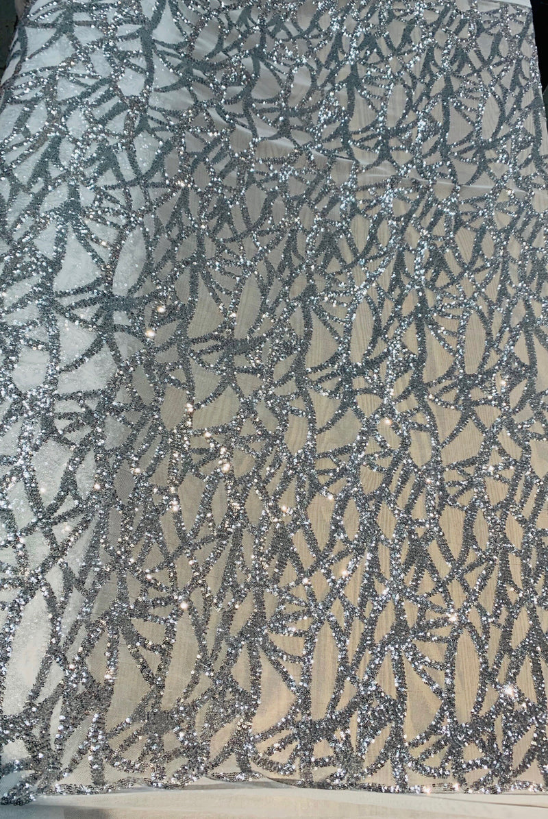 Celeste SILVER Sequins on WHITE Mesh Lace Fabric by the Yard - 10134