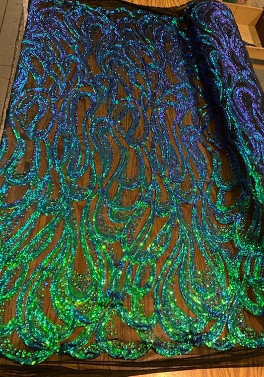 Lorelei IRIDESCENT GREEN BLUE Mermaid Swirls Sequins on Mesh Lace Fabric by the Yard - 10133