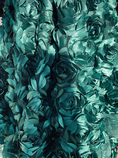 Maci HUNTER GREEN 3D Floral Polyester Satin Rosette on Mesh Fabric by the Yard - 10057