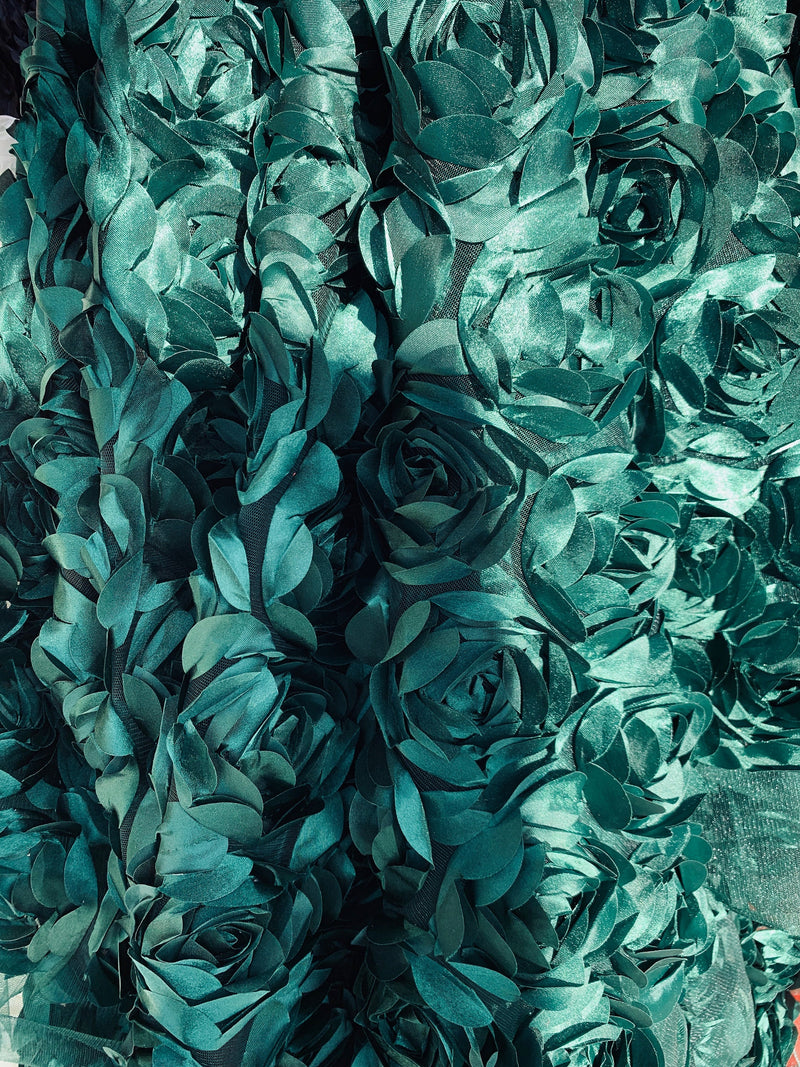Maci HUNTER GREEN 3D Floral Polyester Satin Rosette on Mesh Fabric by the Yard - 10057