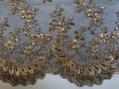 Melody GOLD Polyester Floral Embroidery with Sequins on BLACK Mesh Lace Fabric by the Yard for Gown, Wedding, Bridesmaid, Prom - 10002